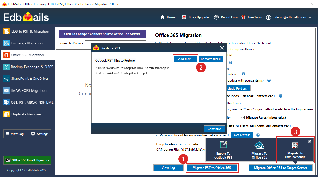 Add PST files to migrate to Office 365