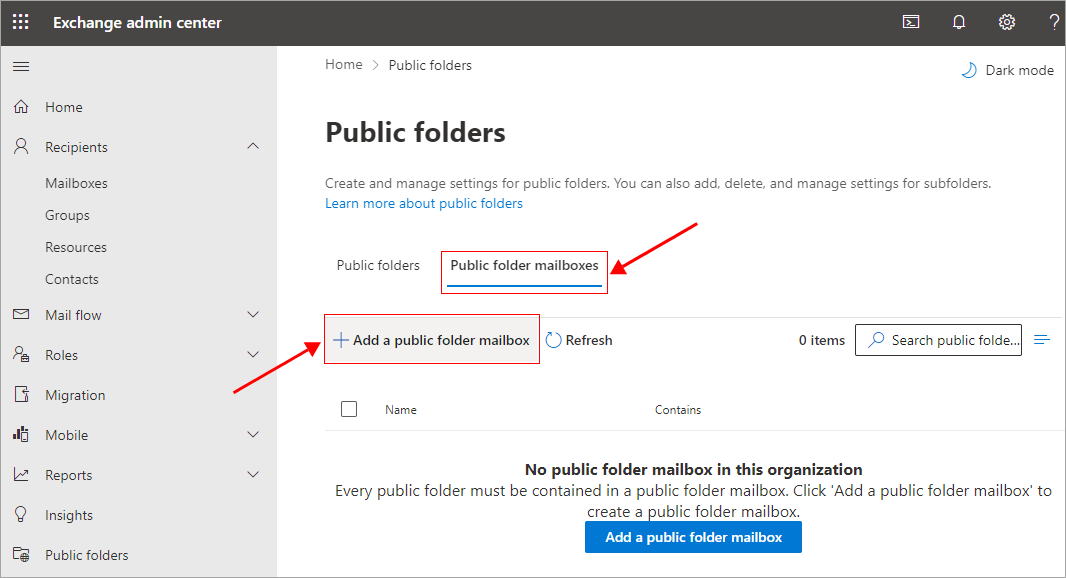 Add a public folder mailbox