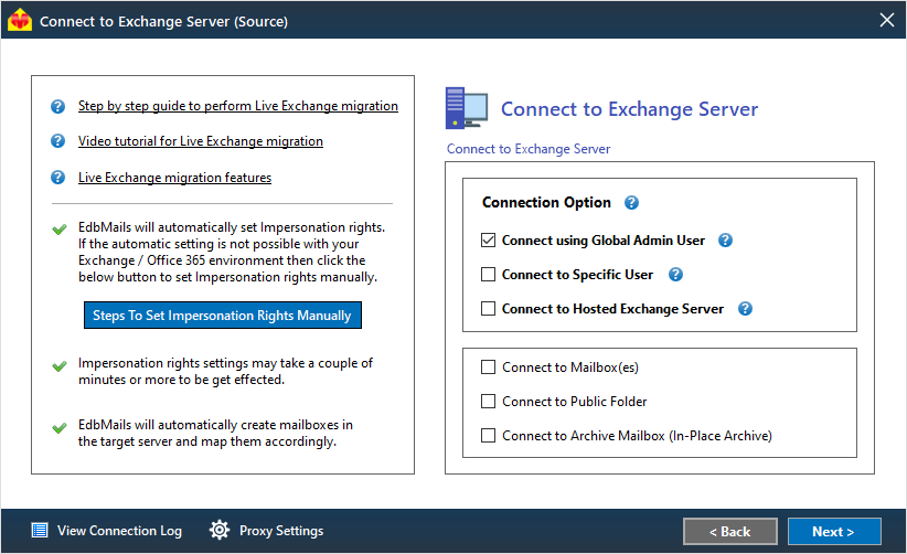 Connect to the Live Exchange server 2010