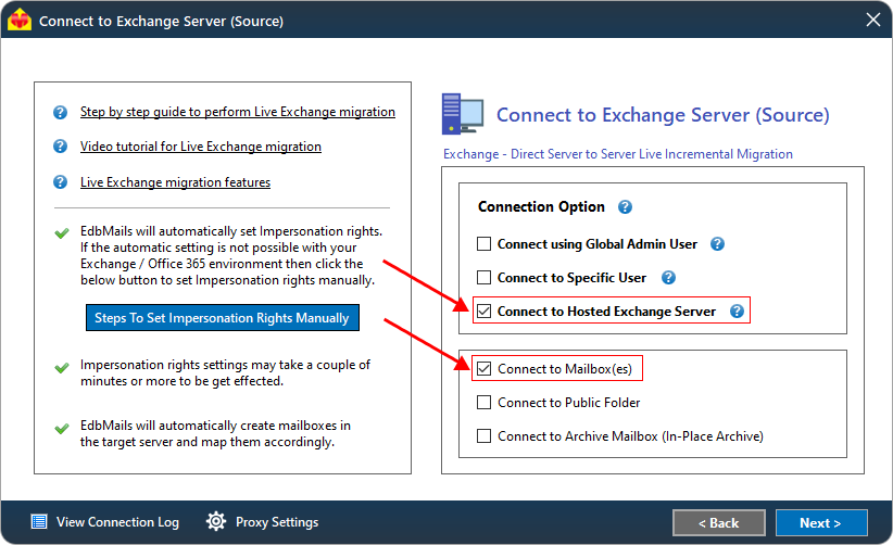 Connect to the Source Hosted Exchange server