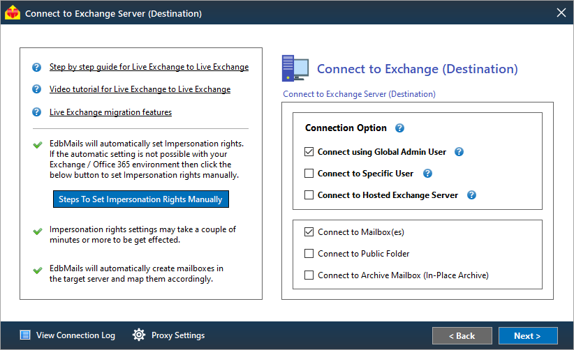 Connect to the target Exchange server