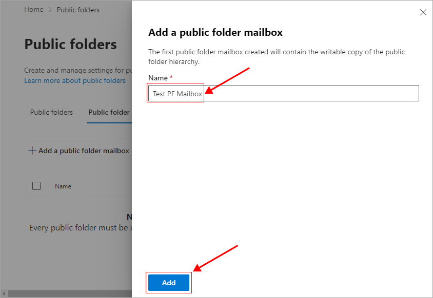 Specify a name to the Public folder mailbox