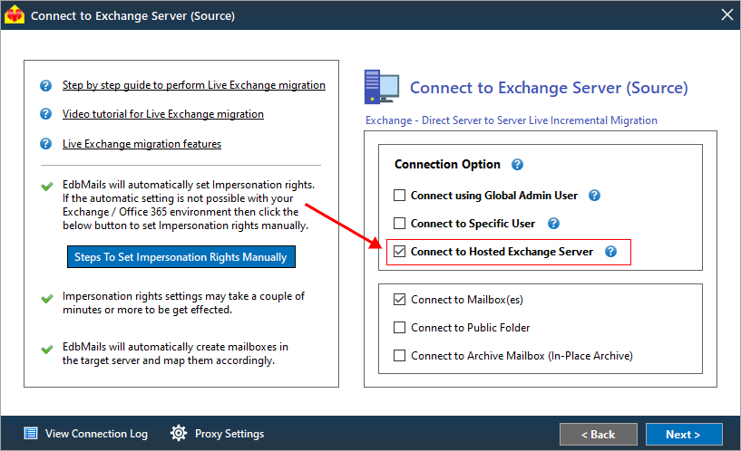 Hosted to Exchange server