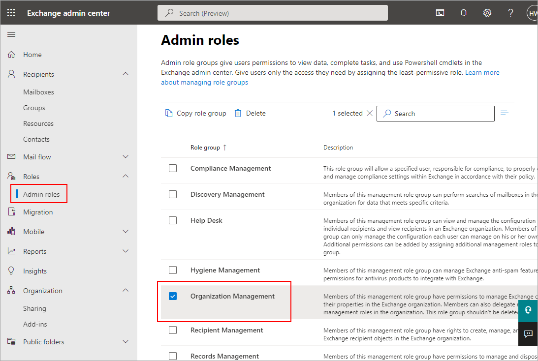 Add admin roles to the Organization Management role group