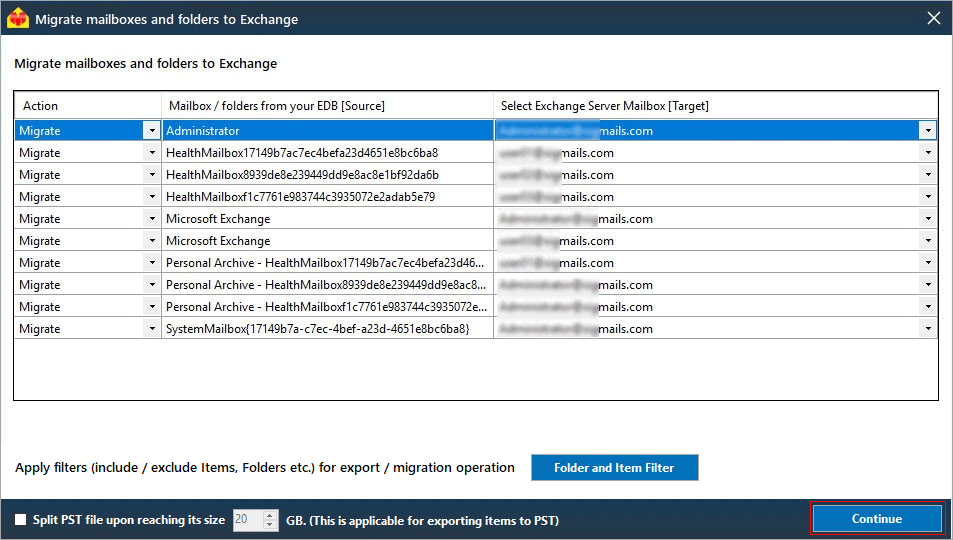 migrate mailboxes and folders to exchange