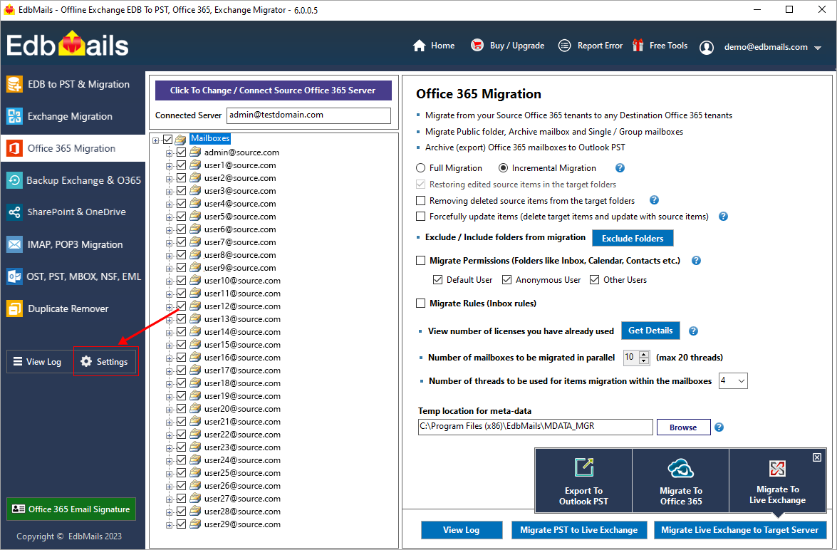 Click Office 365 Migration Settings