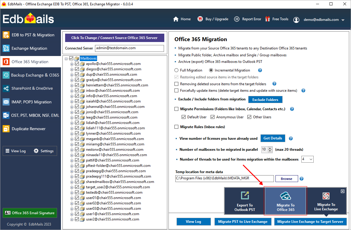 EdbMails for direct Office 365 server to server migration