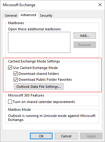 cached exchange mode settings