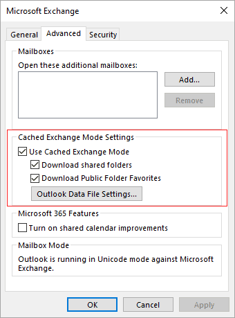 cached exchange mode download shared folders