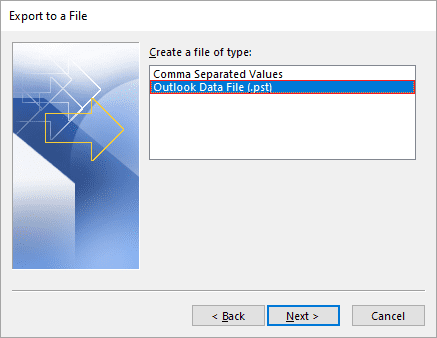 Select export type as Outlook PST