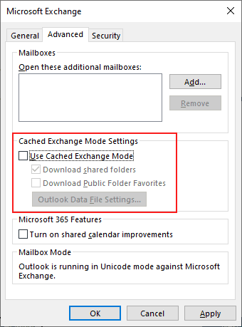 Turn off Cached Exchange Mode