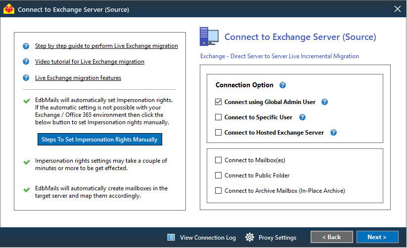 Connect to the source Exchange server