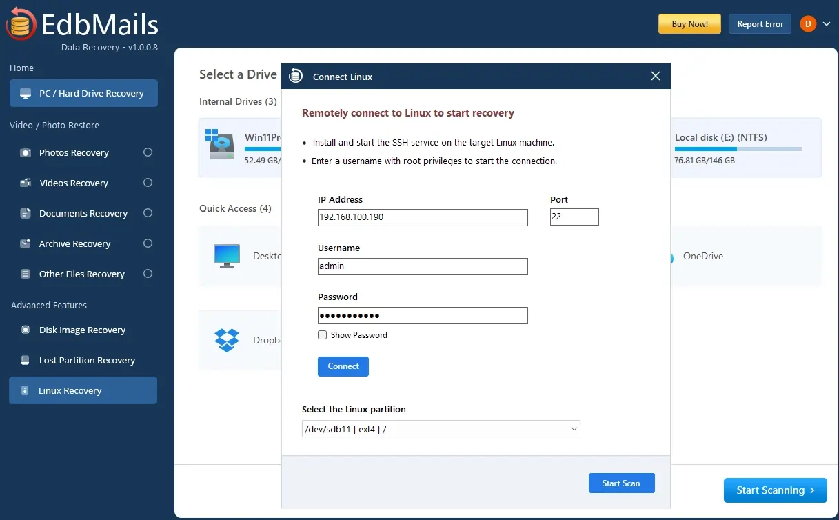 Linux Recovery Login to EdbMails Application