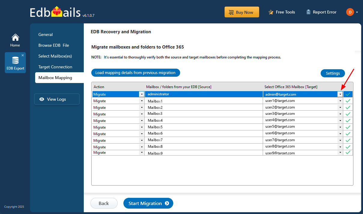 Map EDB to Office 365 Mailboxes
