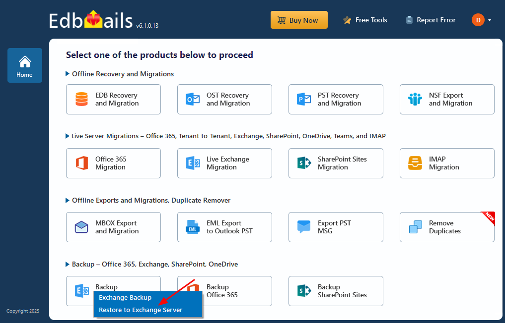 Select ‘Restore to Exchange Server’