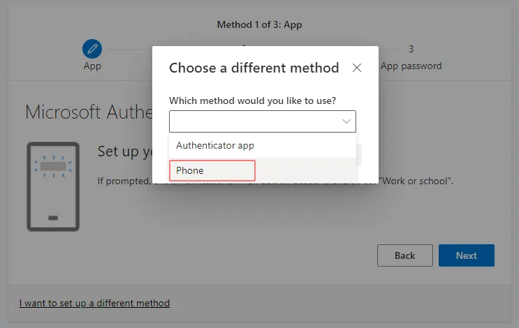 Choose phone as method Choose phone as method