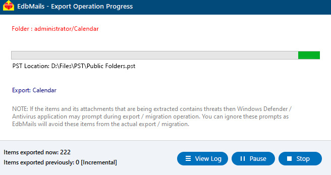 Export operation Progress Export operation Progress
