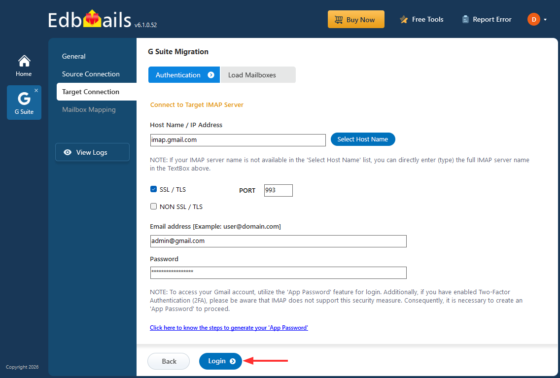 Login to Target IMAP Server