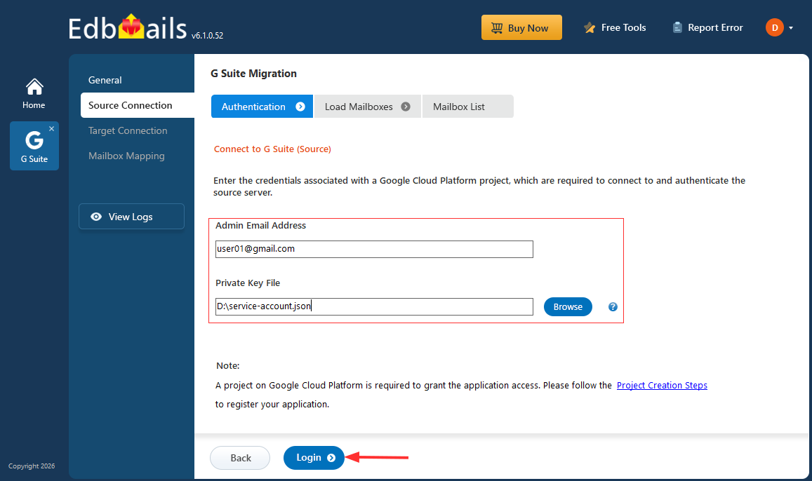 Login to Source G Suite server