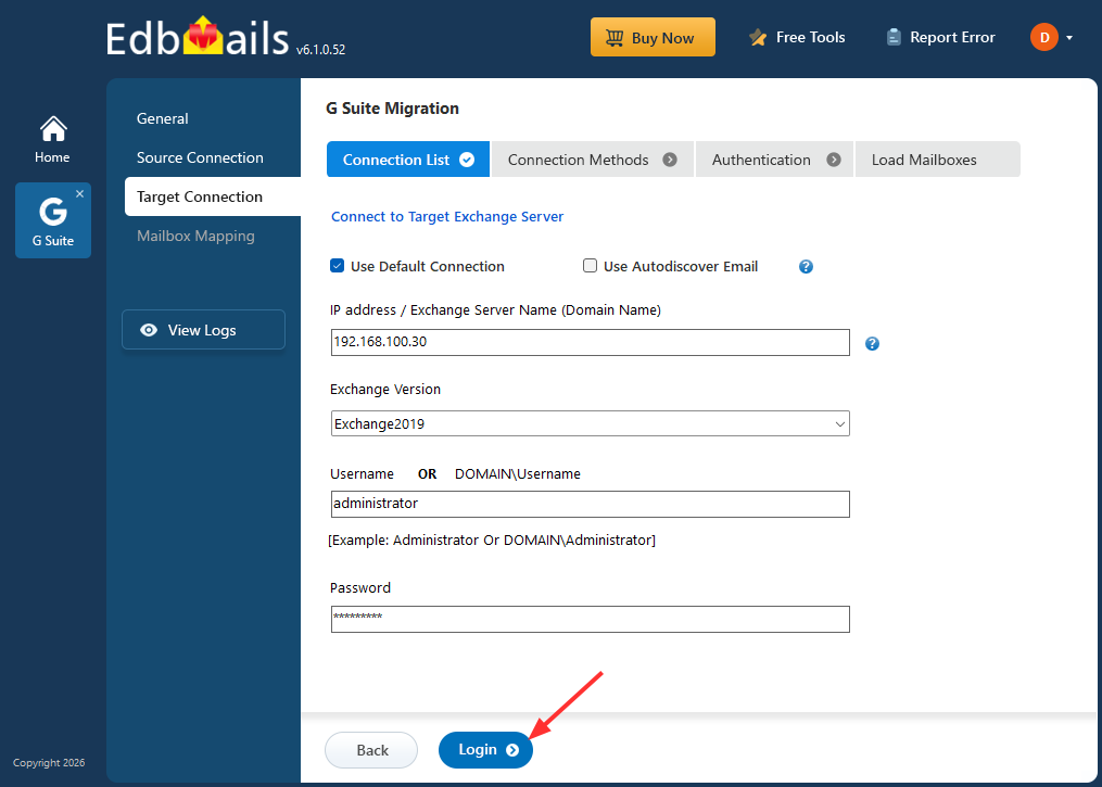 Login to Target Exchange Server