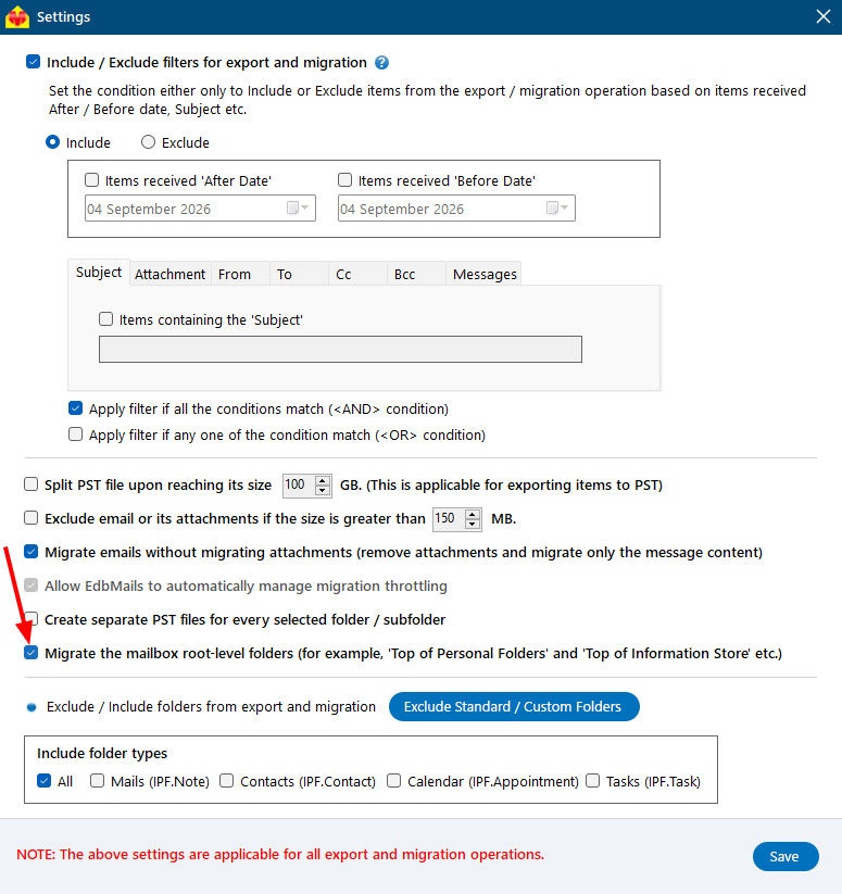 Migrate the mailbox root-level folders Migrate the mailbox root-level folders