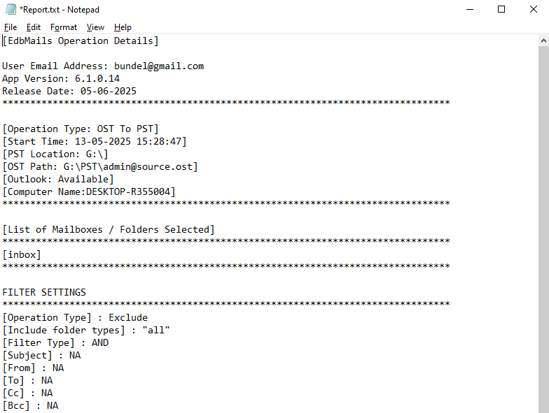 Log report for OST to PST conversion