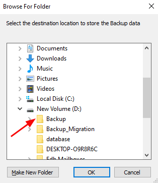 Select location to store backup data