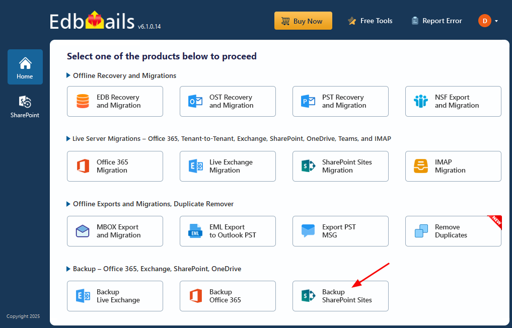 Select ‘Backup SharePoint Sites’