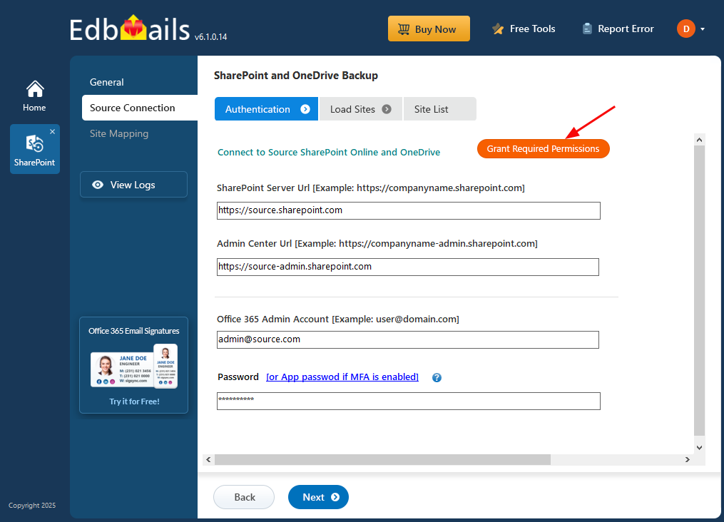 Connect to SharePoint Online and OneDrive Source server