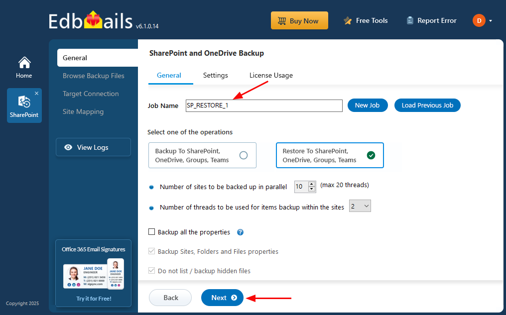 Job name for SharePoint Backup