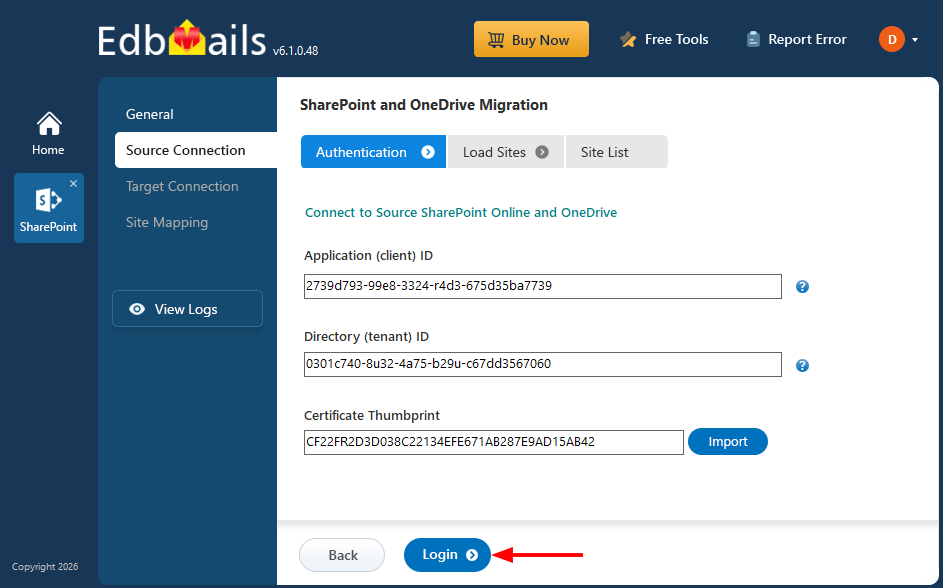 Login to Source SharePoint