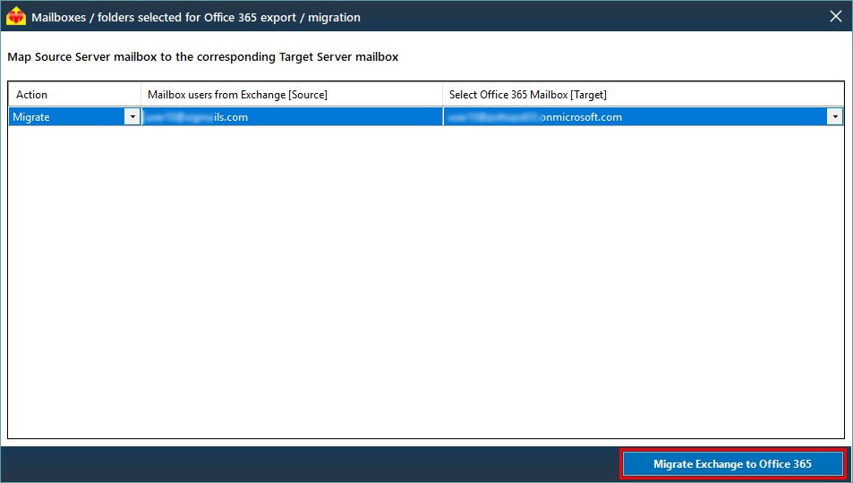 source exchange mailboxes to requisite target Office 365 mailboxes