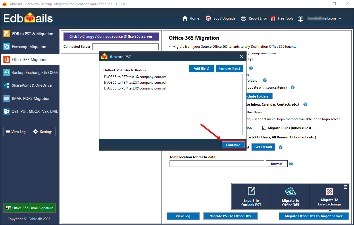Connect to target Office 365 server