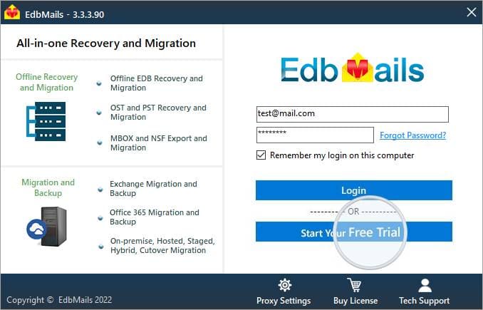 Demo login EdbMails Exchange 2010 to 2019 migration tool