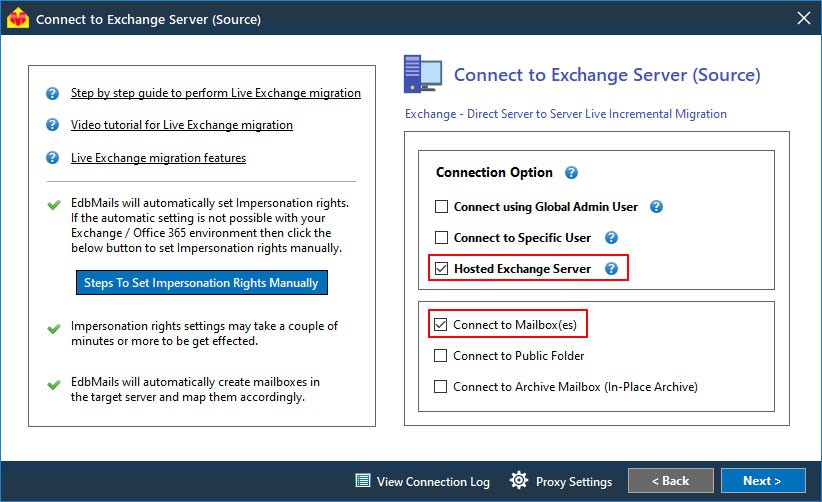 Connect to the Source Hosted Exchange server